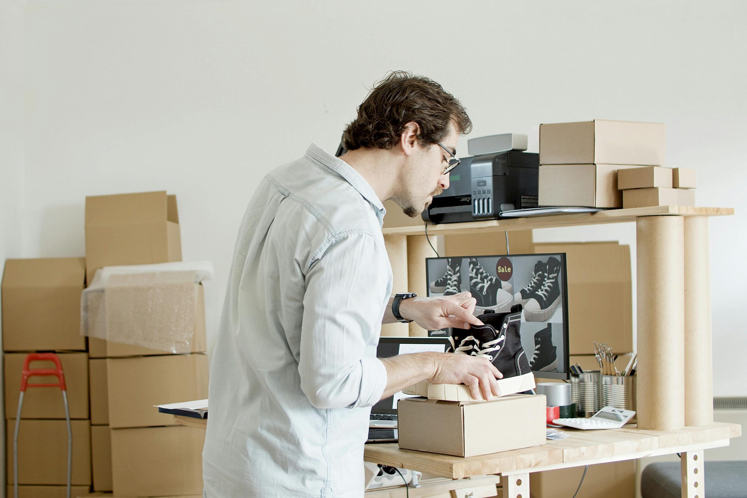 A businessman working in an online store packing shoes in a cardboard box. MEI Pode Vender Online?